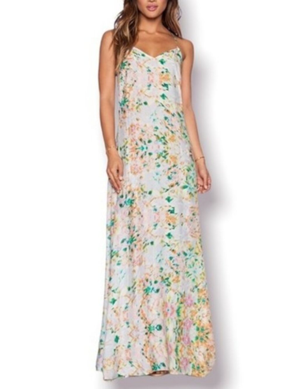 ESSENTIEL ANTWERP Silk Floral Maxi Dress in White with Yellow and Green Accents